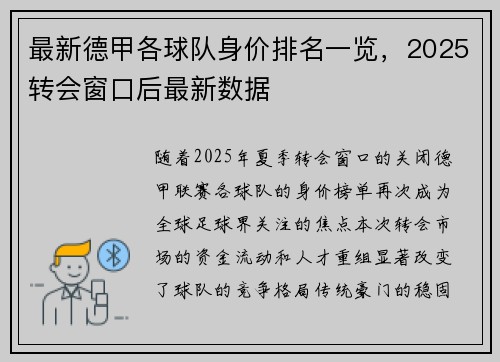 最新德甲各球队身价排名一览，2025转会窗口后最新数据