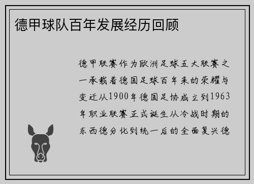 德甲球队百年发展经历回顾